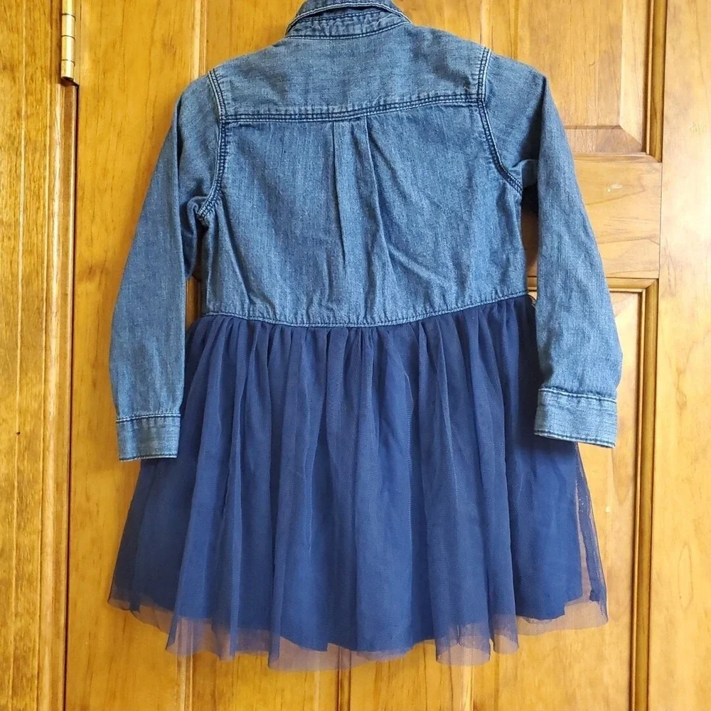 OshKosh 18-24M Tutu Dress Kids Blue Denim Tulle Snap Button Long Sleeve‎